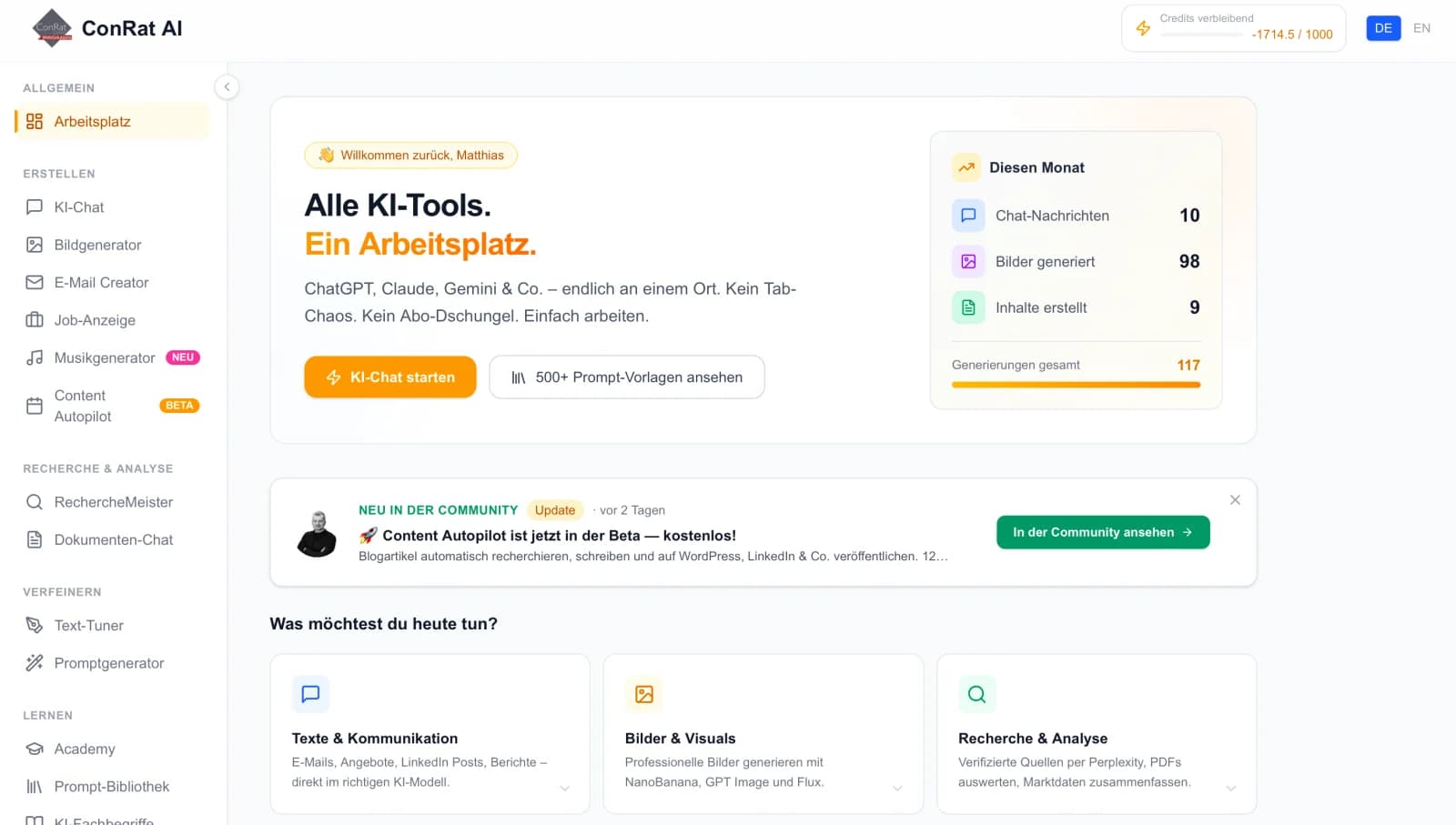 ConRat-AI-Dashboard mit KI-Chat, Bildgenerator und weiteren Tools