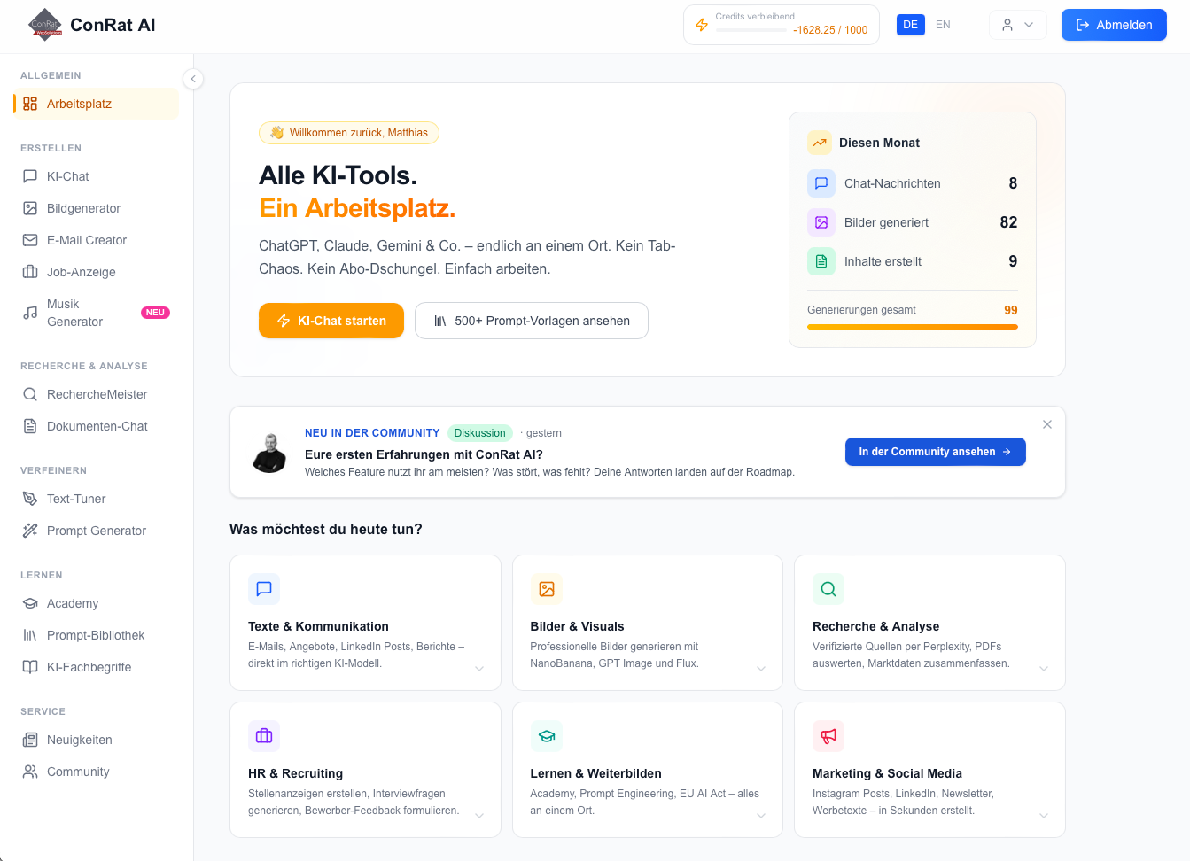 ConRat AI Dashboard mit KI-Tools, Vorlagen und Credits-&Uuml;bersicht
