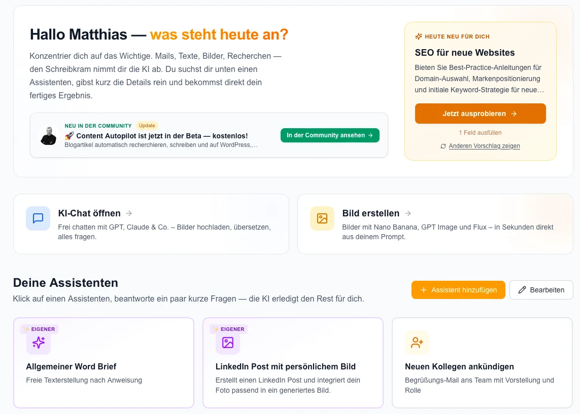 ConRat AI Dashboard: Aufgaben-Modus mit Assistenten, KI-Chat und Bildgenerator in einem Login