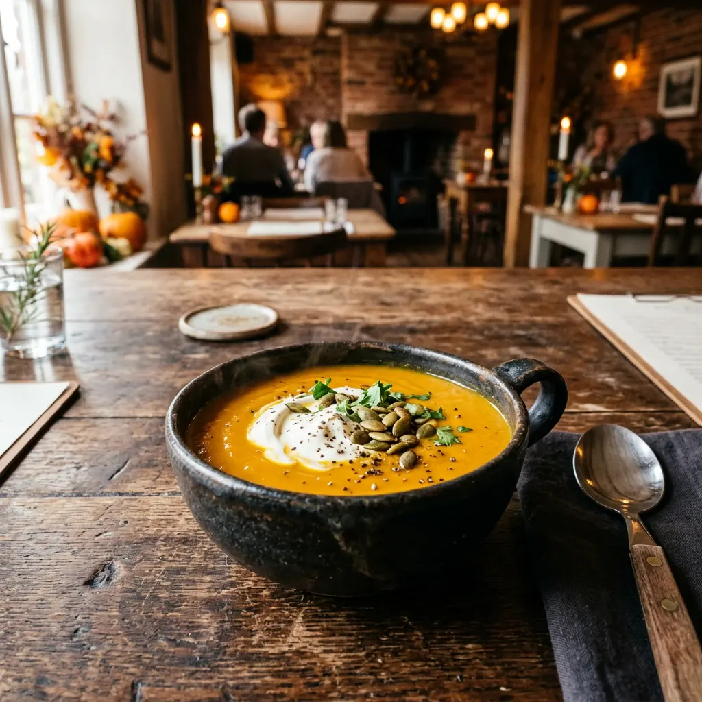 Ein mit dem Bildgenerator erzeugtes Bild: eine K&uuml;rbissuppe in dunkler Keramikschale auf einem Holztisch, dahinter unscharf die Gaststube mit G&auml;sten, inszeniert f&uuml;r einen Instagram-Post